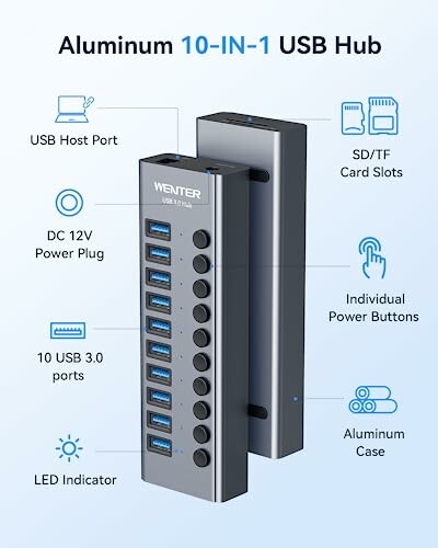 Aluminum 10-in-1 USB hub with 10 USB 3.0 ports, SD/TF card slots, and individual power buttons.