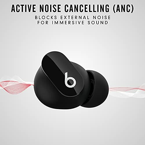 Black earbuds with active noise cancelling feature.