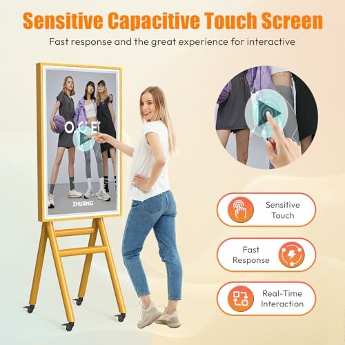 Woman interacting with capacitive touch screen display.