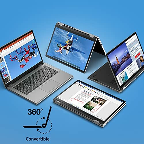 Four convertible laptops in different positions on a blue background.