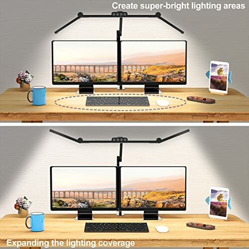 Dual monitor setup with expanded lighting coverage on a wooden desk.