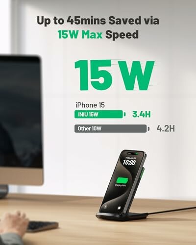 Phone on charging stand with text about 15W max speed saving time.