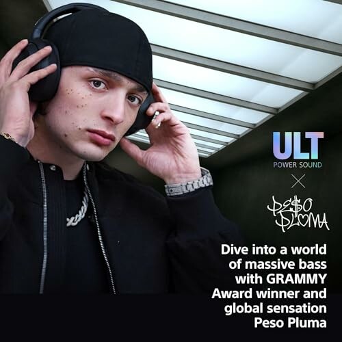 Person wearing headphones in a music-themed advertisement.