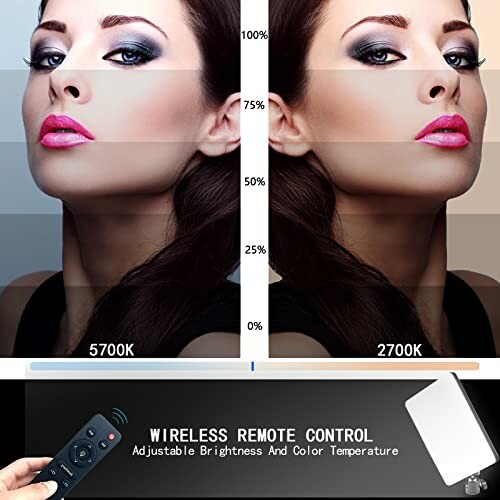 Image showing a side-by-side comparison of different lighting temperatures on a woman's face with a wireless remote control.