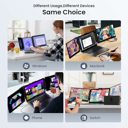 Multiple devices using portable monitors: Windows laptop, Macbook, smartphone, and Nintendo Switch.