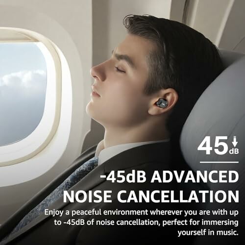 Person wearing noise-cancelling earbuds on airplane.