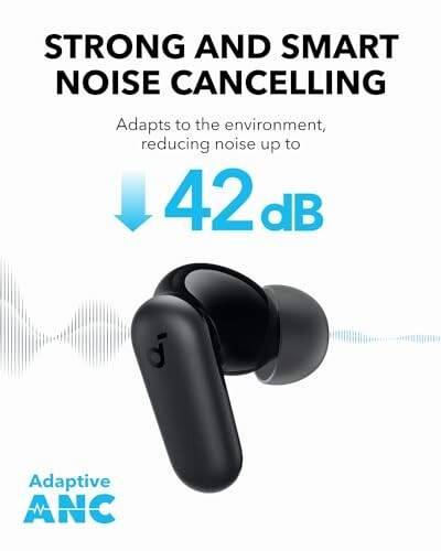 Noise cancelling earbuds with adaptive ANC and 42 dB reduction.