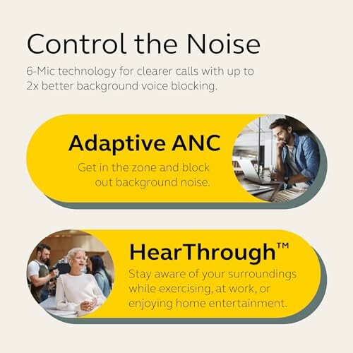 Graphic showcasing Adaptive ANC and HearThrough technology for noise control.