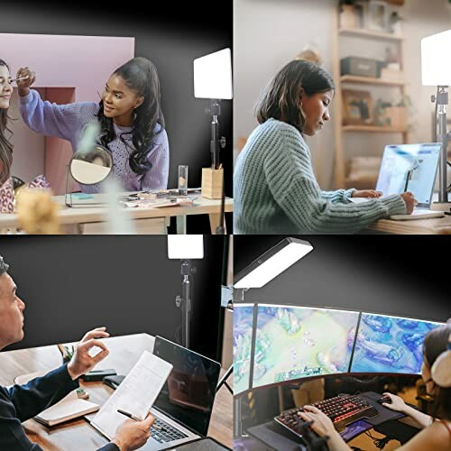 Collage of people using ring lights and computers for various activities.