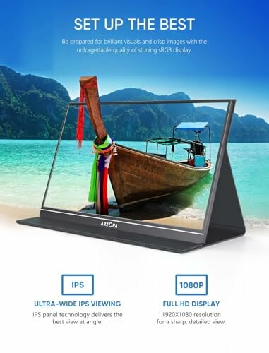 Portable monitor displaying a boat on a tropical beach.