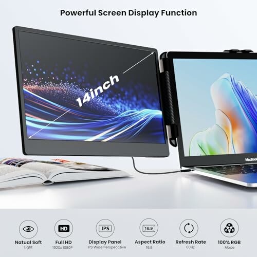 14-inch portable screen attached to a laptop, featuring full HD and IPS display.