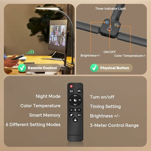 Lamp with remote control and multiple settings, including brightness and color temperature adjustments.