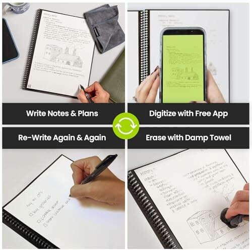 Reusable notebook with writing and erasing features shown, and a digitization app.