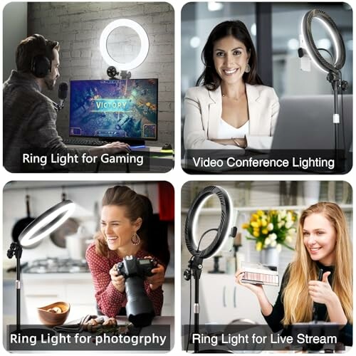 Various uses of ring lights: gaming, video conferencing, photography, and live streaming.