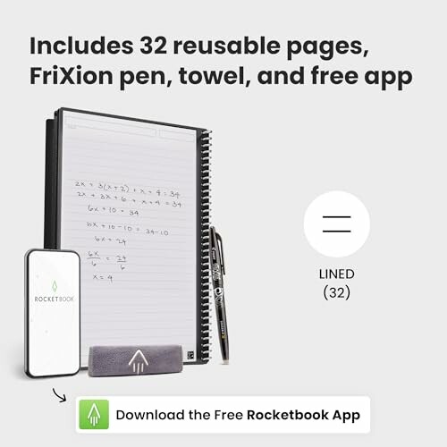 Rocketbook notebook with reusable pages, FriXion pen, towel, and app