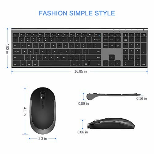 Slim wireless keyboard and mouse combo with dimensions.