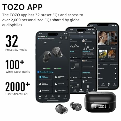 TOZO app with EQ modes and earbud features displayed on phones