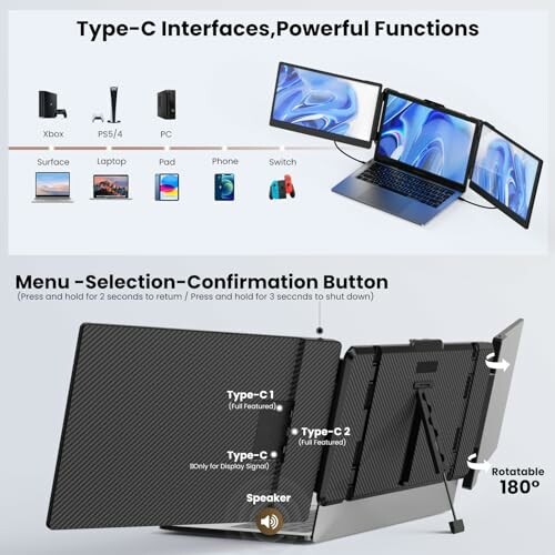 Laptop with external monitors and Type-C interface options.