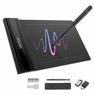 VEIKK drawing tablet with stylus and accessories.