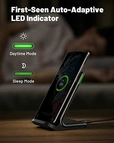 Wireless charger with auto-adaptive LED indicator for daytime and sleep modes.