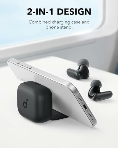 Wireless earbuds with combined charging case and phone stand.