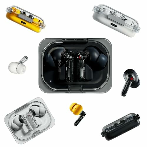 Various wireless earbuds in different colors and cases.