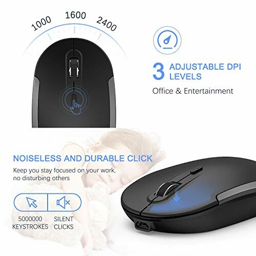 Wireless mouse with 3 adjustable DPI levels and silent click feature.