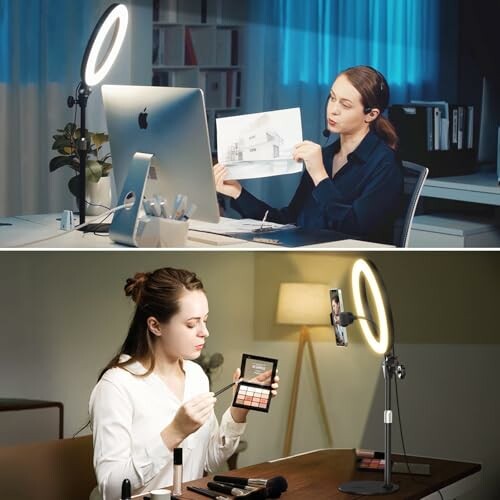 Woman using ring light for video call and makeup application.